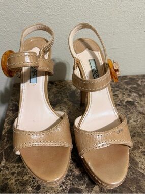Prada Beige Leather Ankle-Strap Heels with Tortoiseshell Buckles